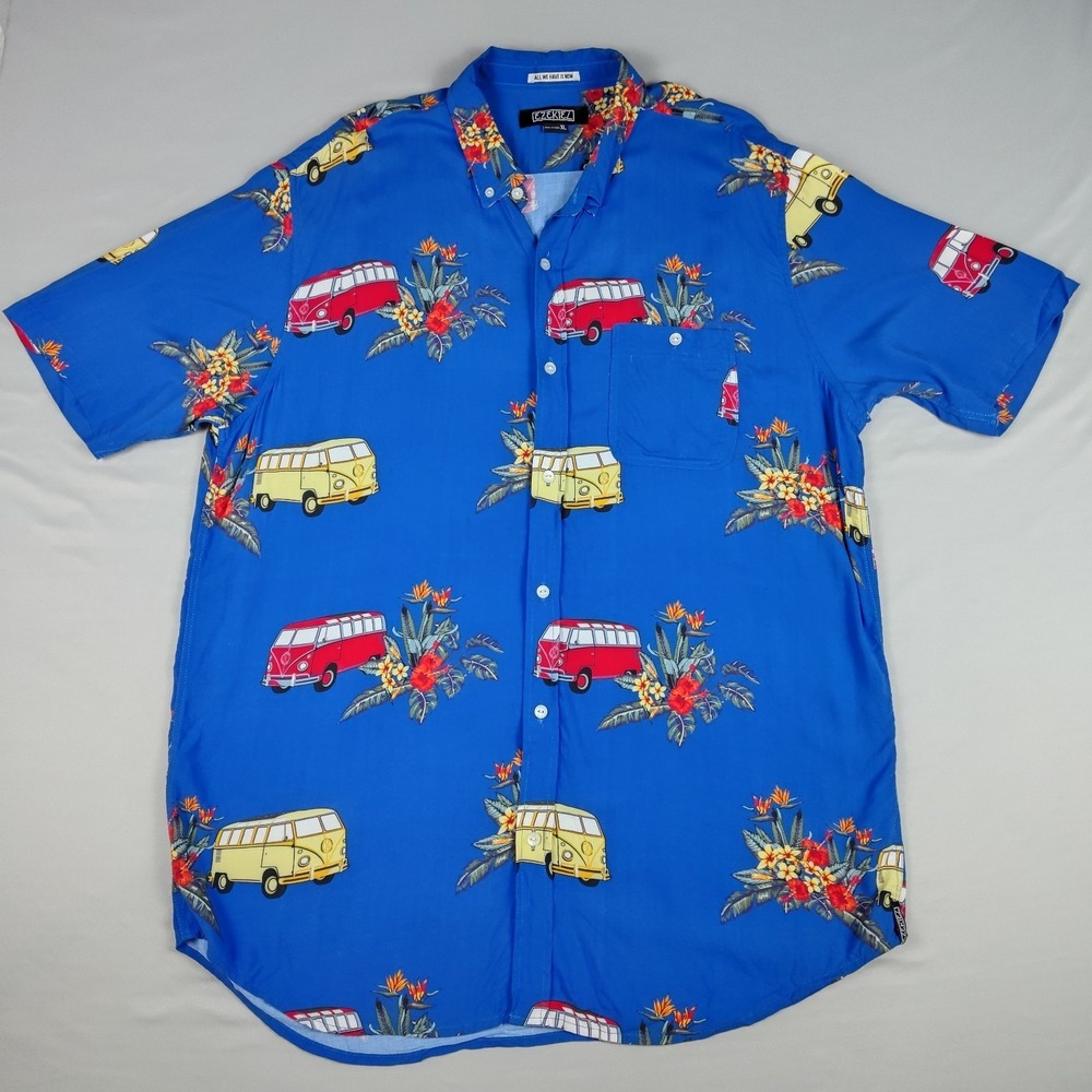 Ezekiel Mens XL 100% Rayon Hawaiian Shirt Microbus Van Tropical Floral Blue